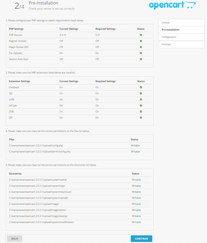 OpenCart Installation page